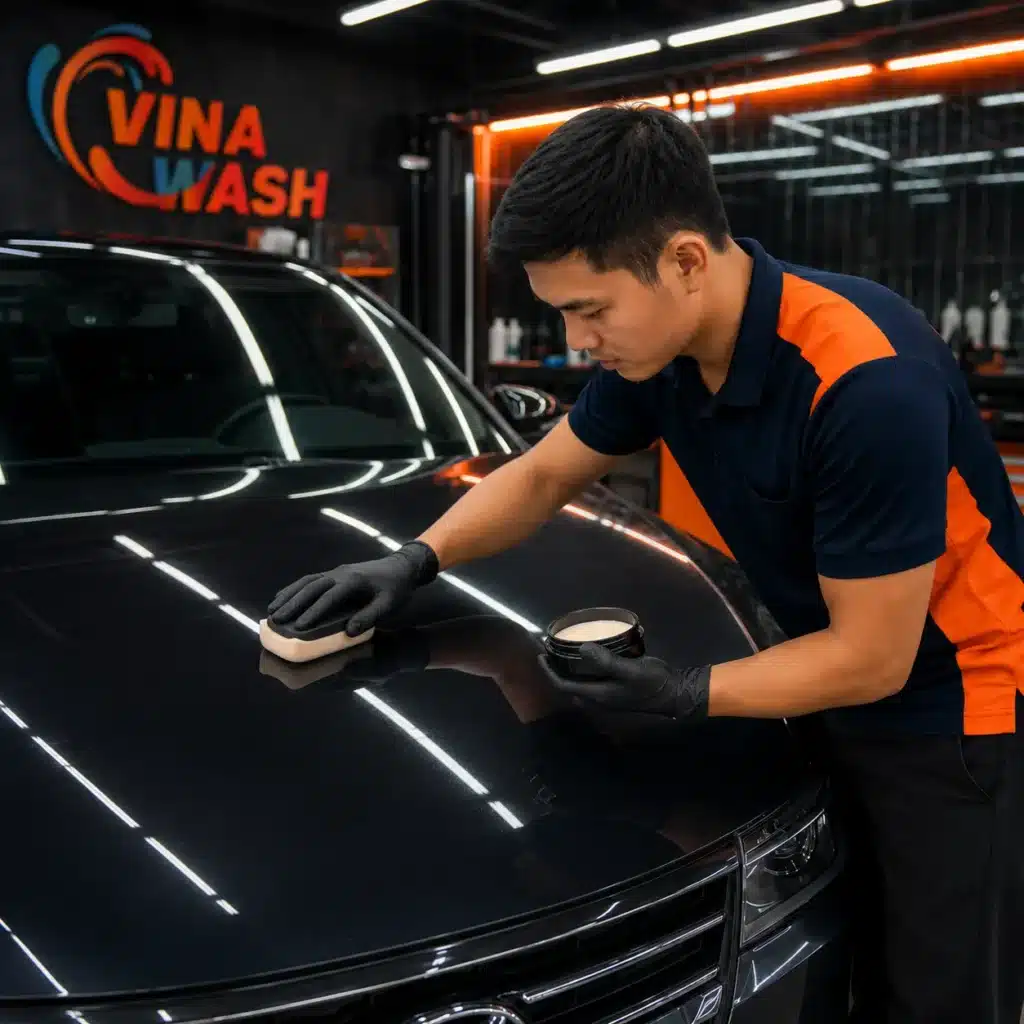 Xe ô tô màu đen sau khi đánh bóng hoàn thiện tại VinaWash với bề mặt sơn bóng sâu