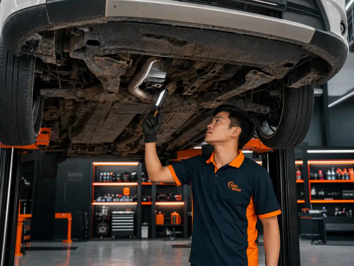 Gầm xe ô tô bám bùn đất trước khi phủ gầm tại VinaWash