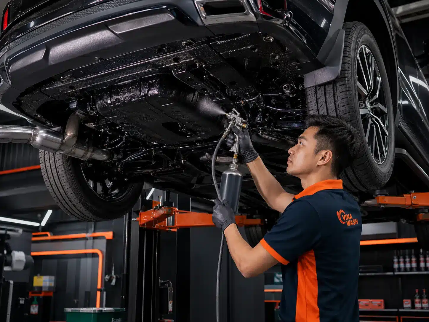 Gầm xe ô tô sau khi phủ gầm tại VinaWash với lớp phủ bảo vệ màu đen