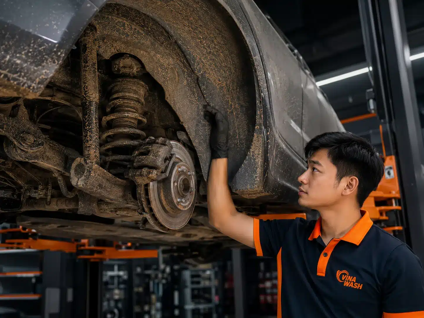 Hốc bánh xe bám bẩn trước khi phủ gầm ô tô tại VinaWash